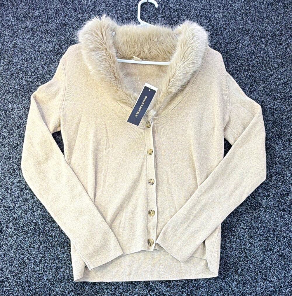 Banana Republic Women's Beige Faux Fur Trim Collared Button Cardigan Sweater M